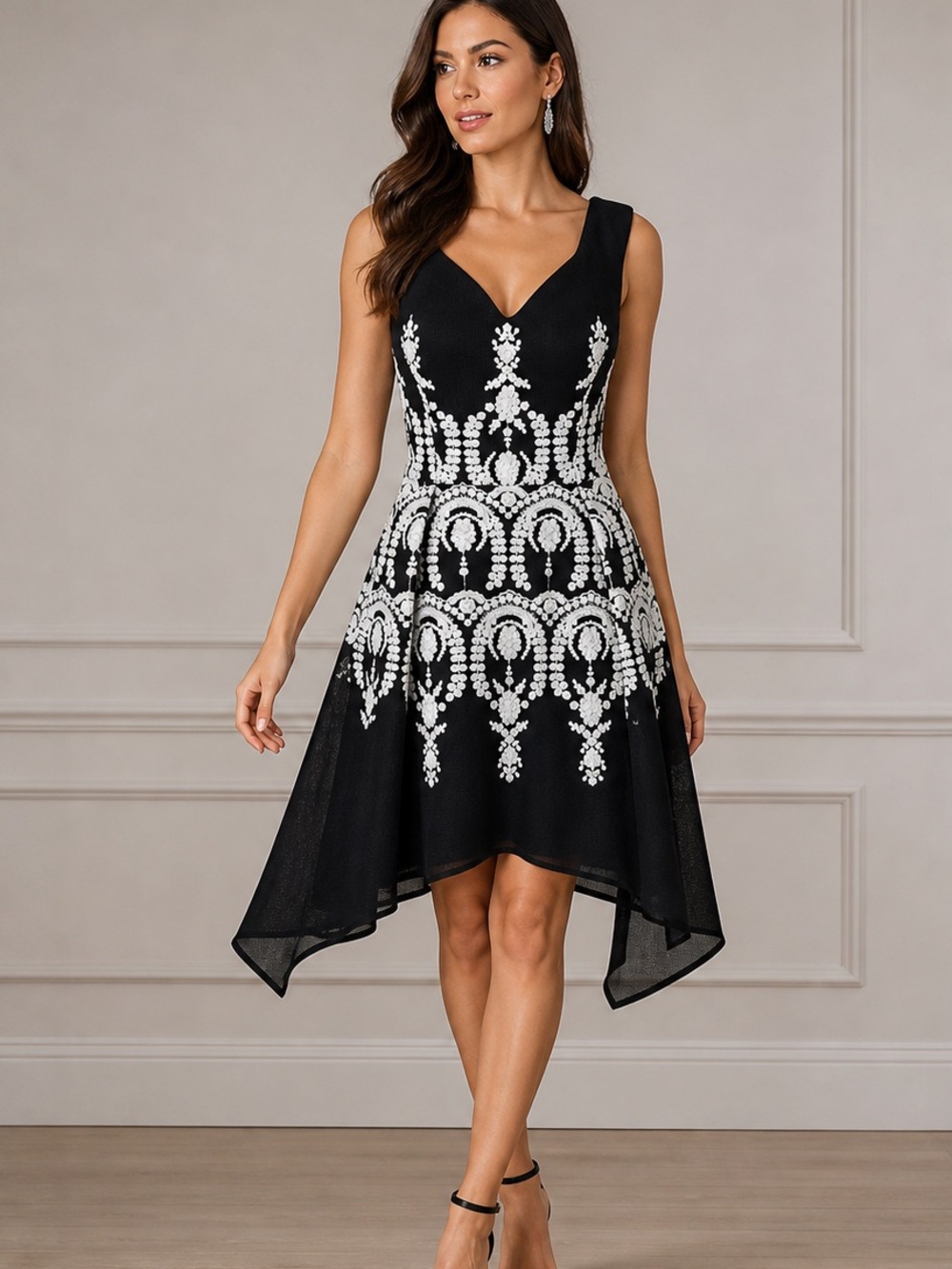 Adrianna Papell Black White Embroidered Cocktail Dress Size 2 Asymmetrical Hem